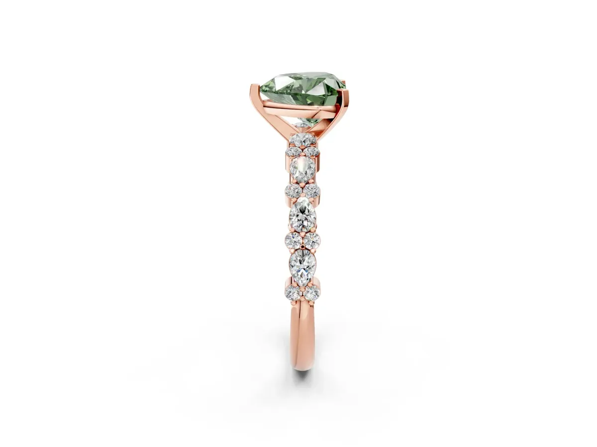 Fancy Green Heart Cut Diamond Side Stone Solitaire Ring with Round and Four-Prong Setting Rose gold