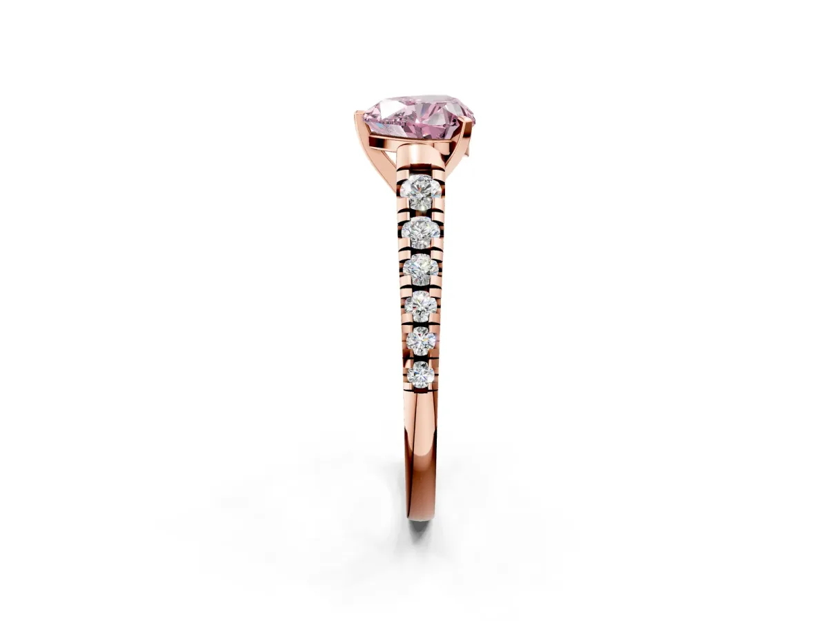 Fancy Pink Heart Cut Diamond Cathedral Solitaire Ring with Round Pavé Band Rose gold