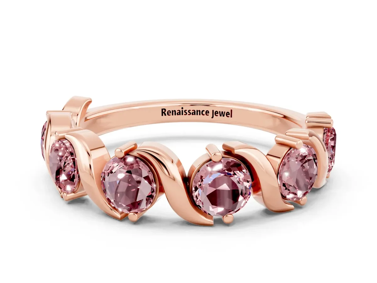 Round Morganite Half Eternity Band with Wave Prong Setting Rose gold