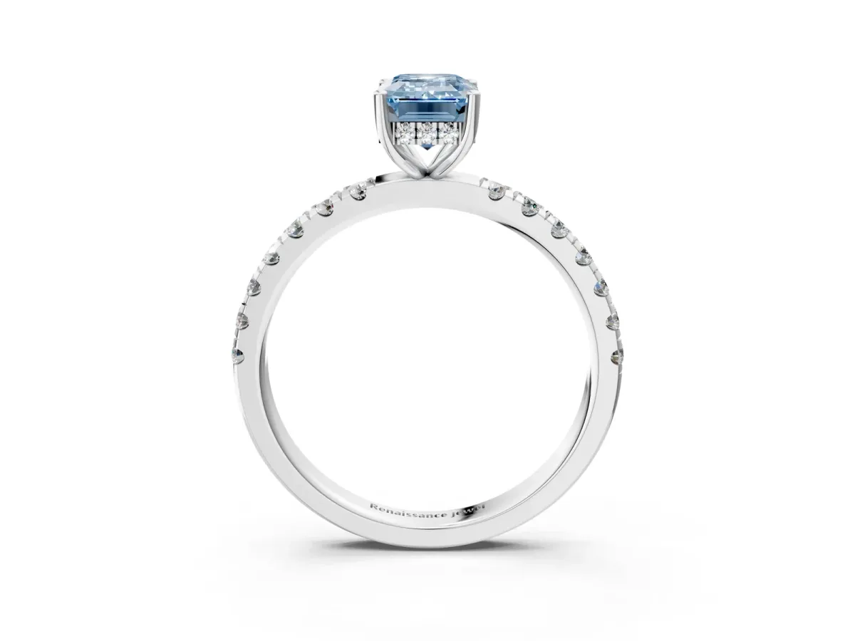Fancy Blue Emerald Cut Diamond Pave Band Solitaire Ring with Round and Prong Setting Silver