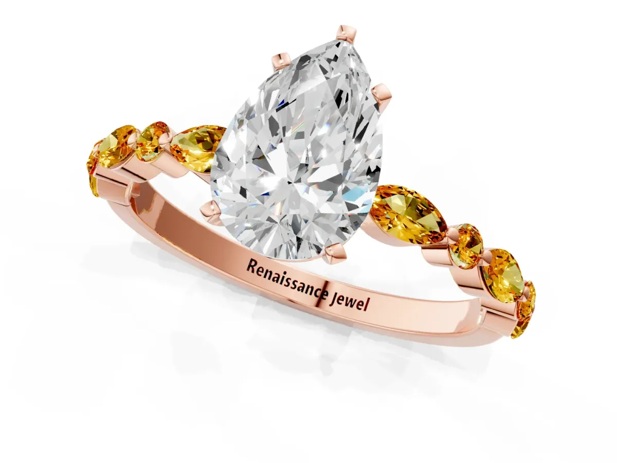 Pear Cut Diamond Ring with Marquise and Round Citrine Side Stones and Four-Prong Setting Rose gold
