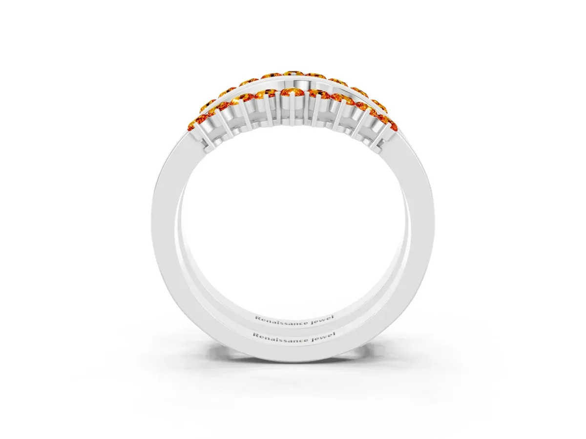 Round Citrine Chevron Contour Band with Prong Setting Platinum
