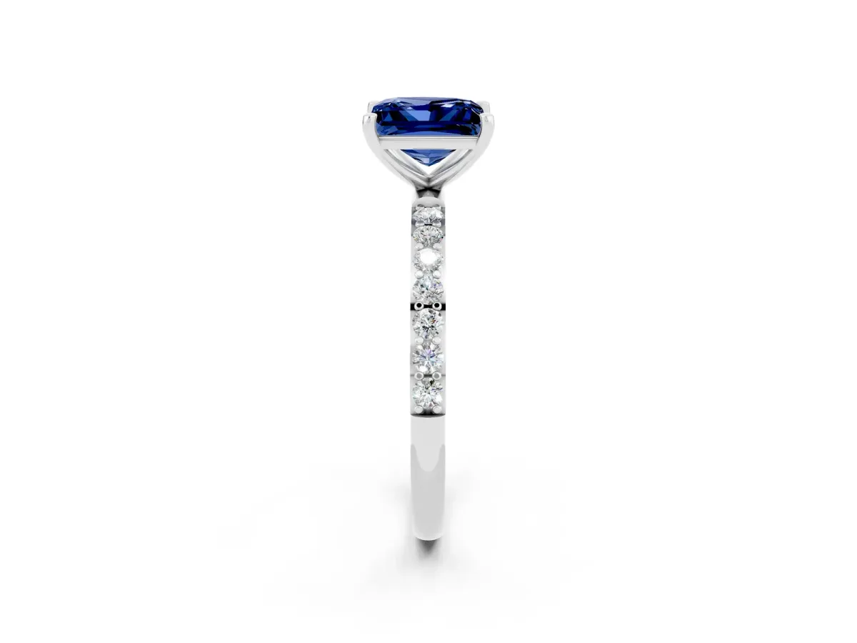 Princess Cut Blue Sapphire Solitaire Ring with Round Pavé Band and Prong Setting Platinum