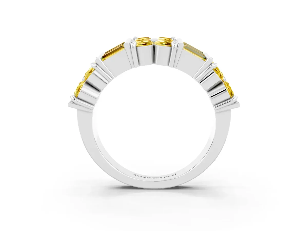 Channel Set Round and Baguette Yellow Sapphire Anniversary Band with Prong Setting Silver