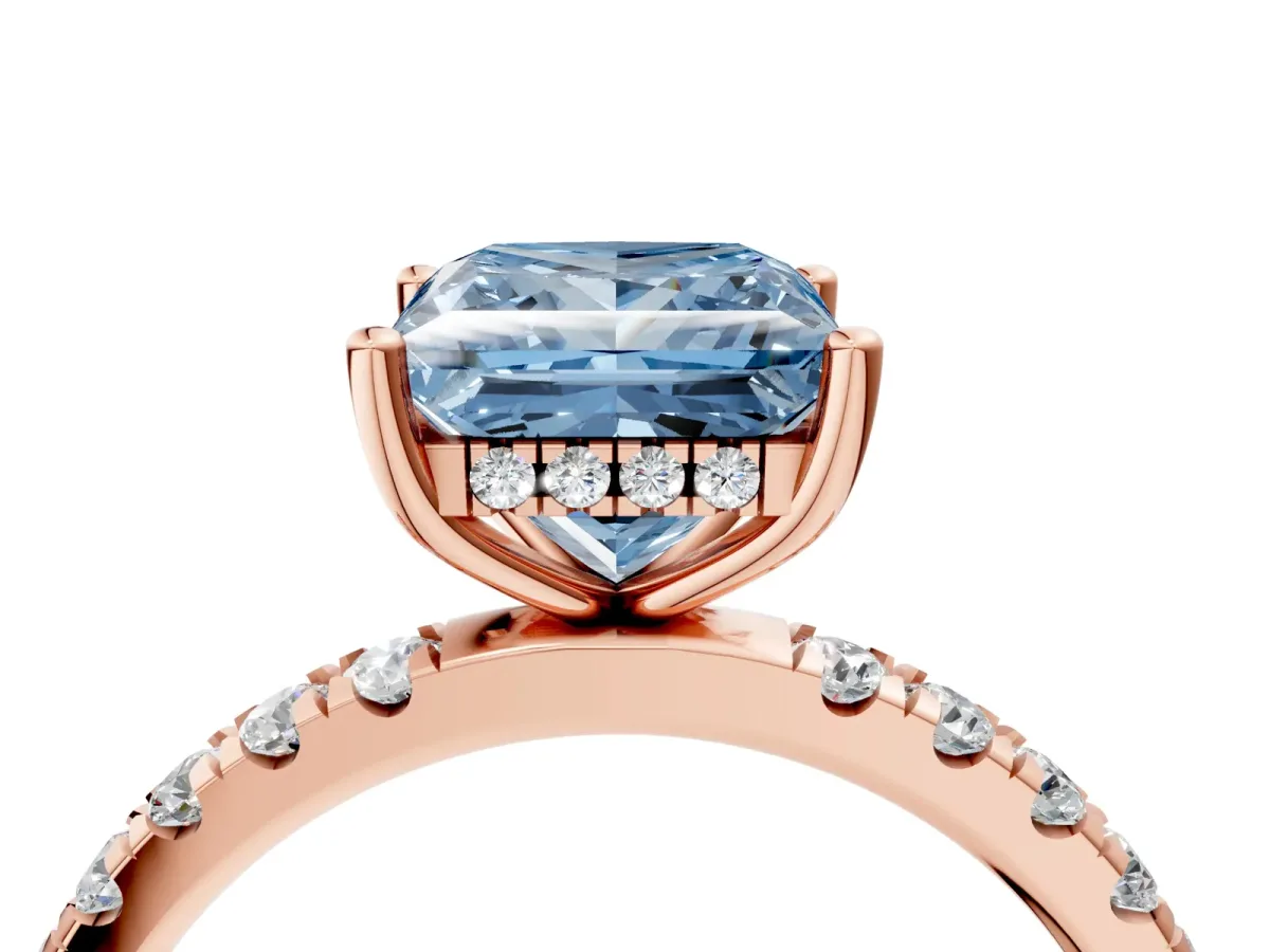 Fancy Blue Princess Cut Diamond Pave Band Solitaire Ring with Round and Prong Setting Rose gold