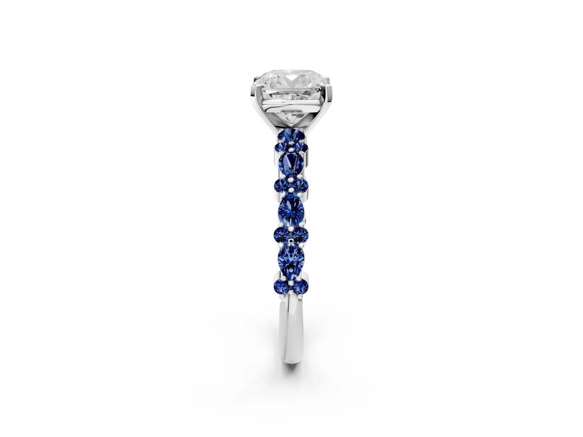 Cushion Cut Diamond Side Stone Solitaire Ring with Round Blue Sapphire and Four-Prong Setting Platinum