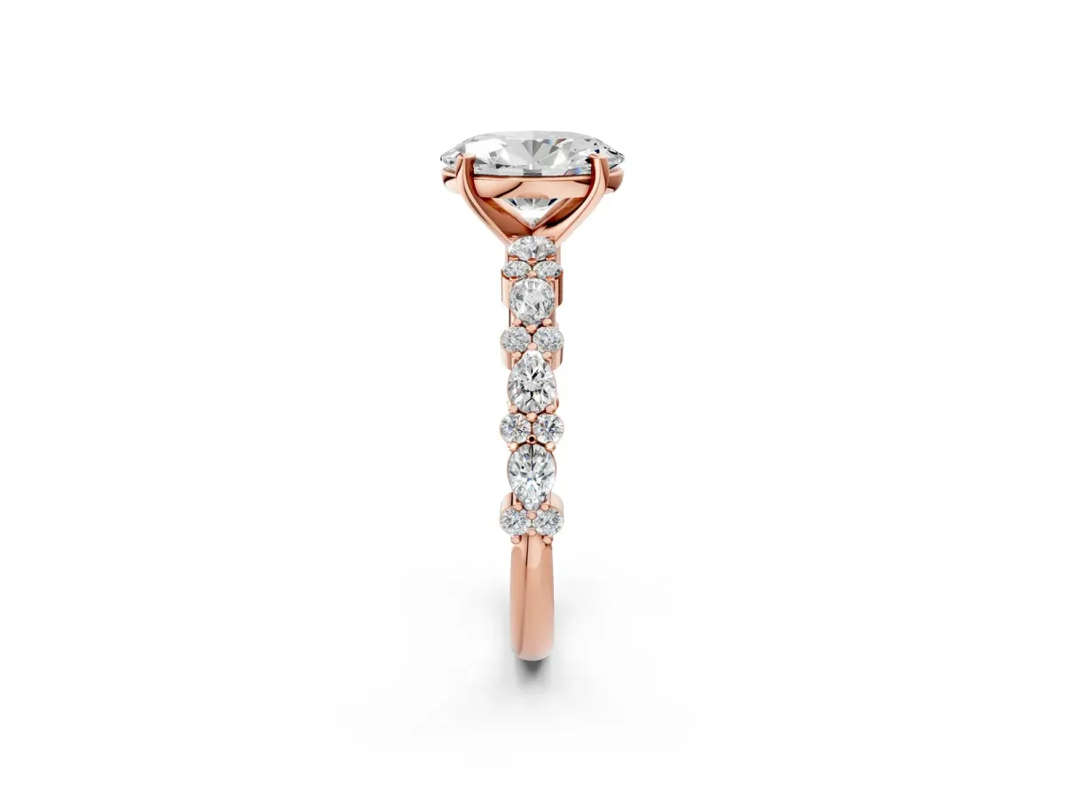Oval Cut Diamond Side Stone Solitaire Ring with Round Moissanite and Four-Prong Setting Rose gold