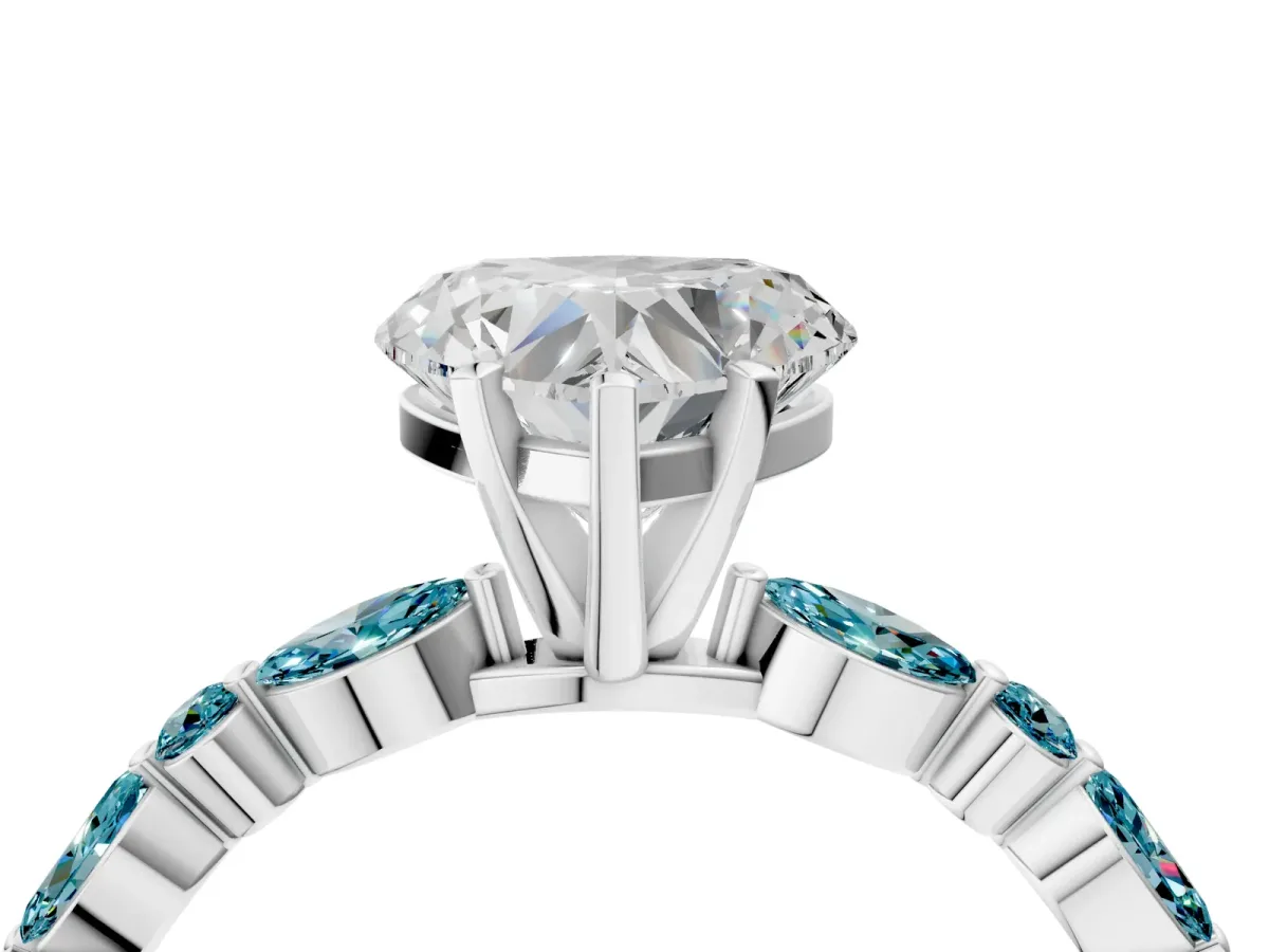 Heart Cut Diamond Ring with Marquise and Round Blue Topaz Side Stones and Four-Prong Setting Platinum