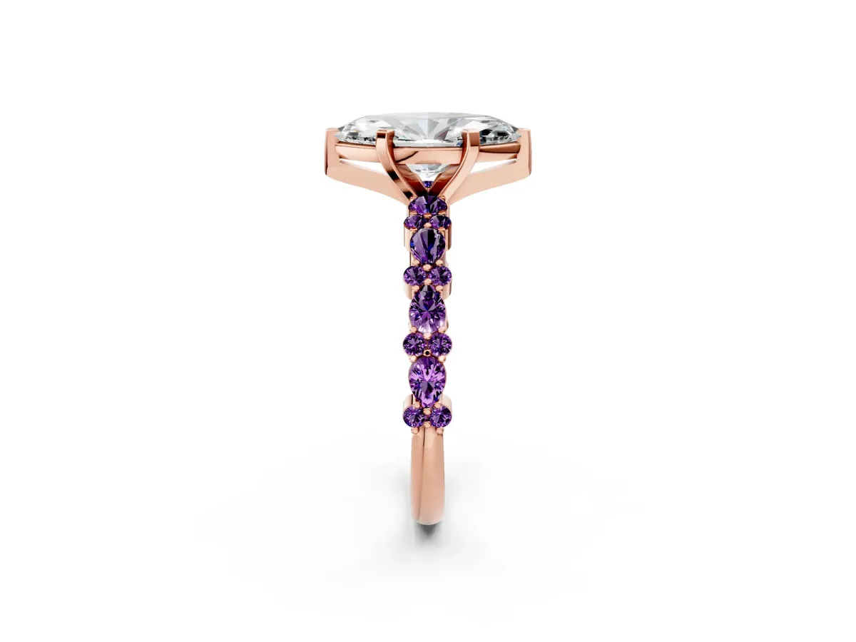 Marquise Cut Diamond Side Stone Solitaire Ring with Round Amethyst and Four-Prong Setting Rose gold