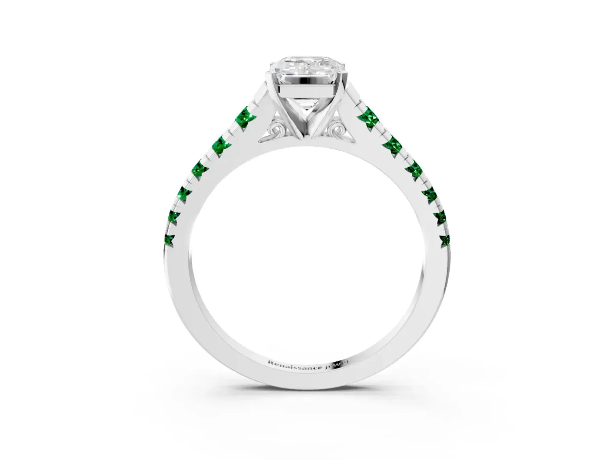 Emerald Cut Diamond Cathedral Solitaire Ring with Round Emerald Pavé Band White gold