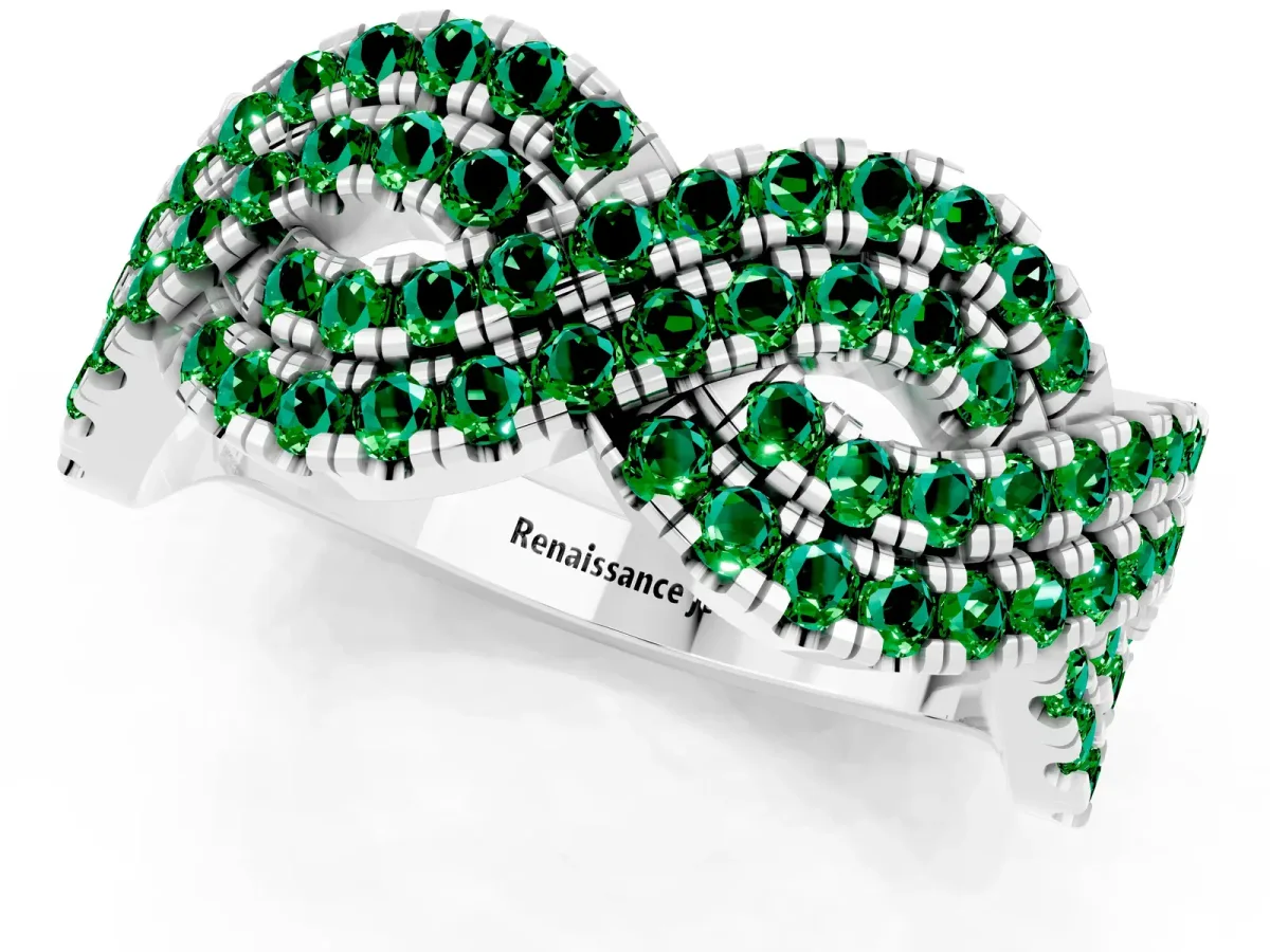 Pavé Round Emerald Infinity Twist Band with Shared Prong Setting White gold
