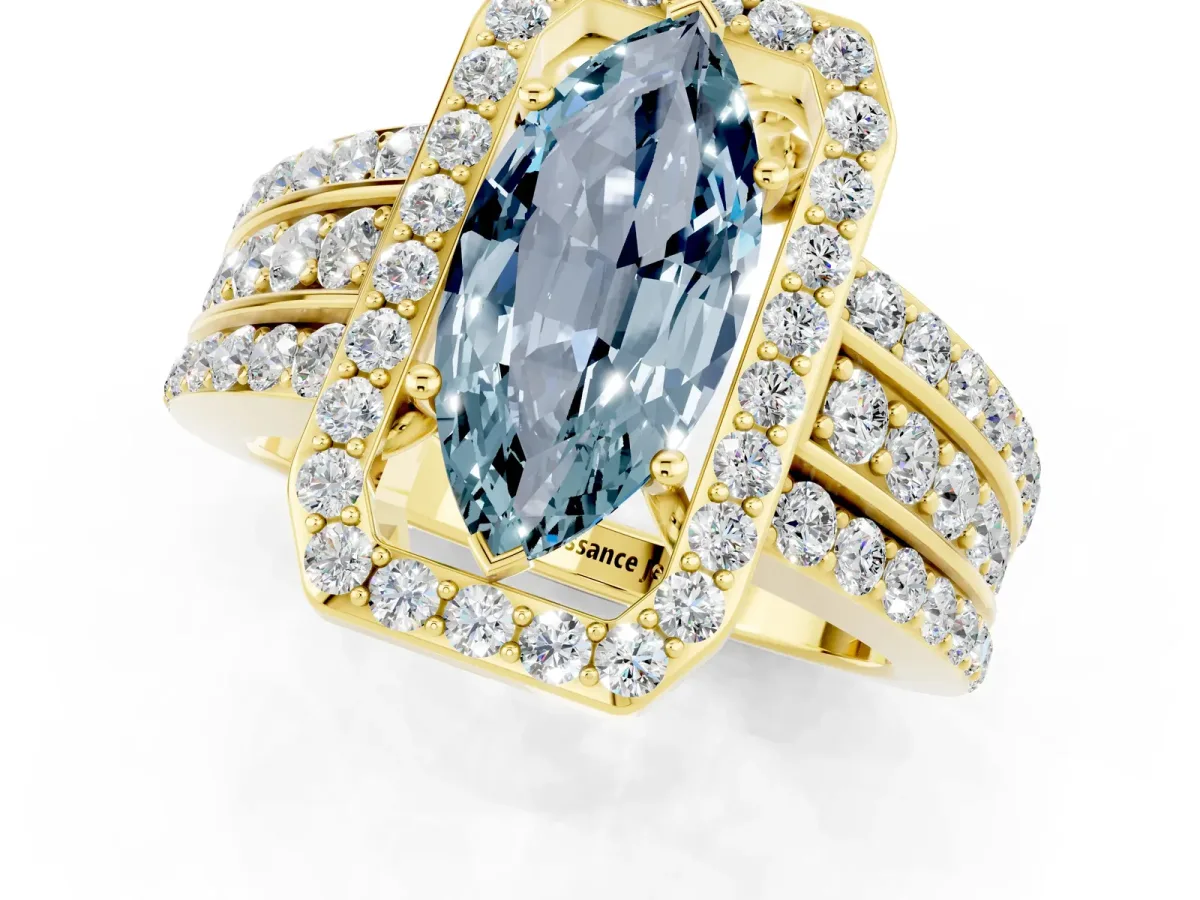 Marquise Cut Halo Aquamarine Ring with Round Split Shank and Prong Setting Yellow gold