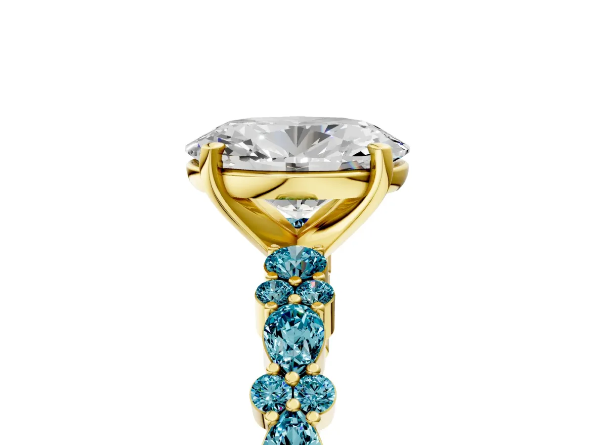 Oval Cut Diamond Side Stone Solitaire Ring with Round Blue Topaz and Four-Prong Setting Yellow gold