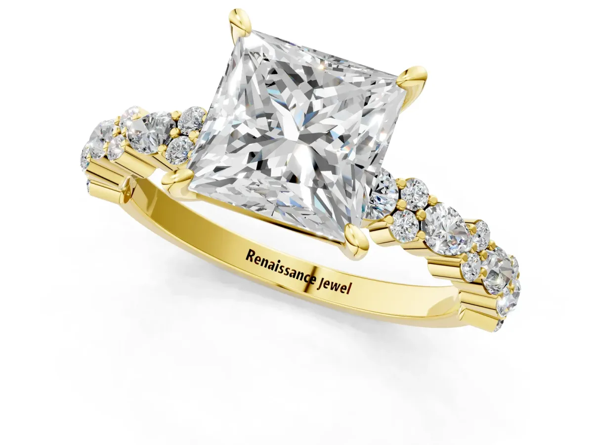 Princess Cut Diamond Side Stone Solitaire Ring with Round and Four-Prong Setting Yellow gold