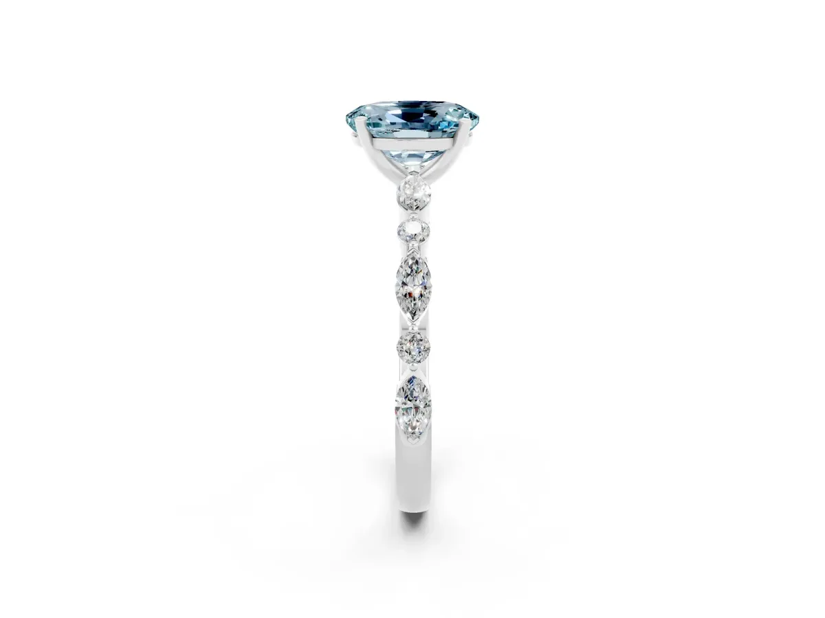 Oval Cut Aquamarine Ring with Marquise and Round Side Stones and Four-Prong Setting Silver