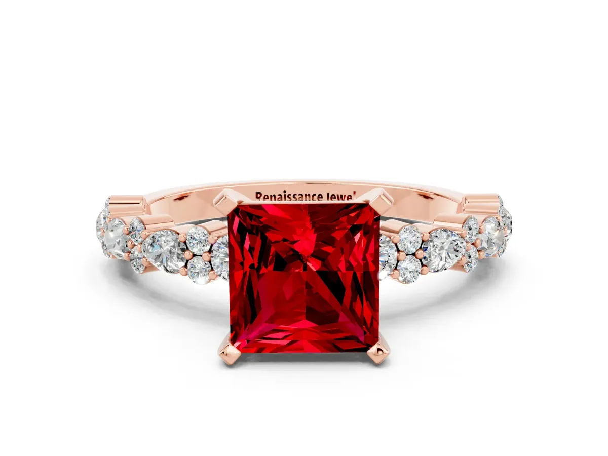 Princess Cut Ruby Side Stone Solitaire Ring with Round and Four-Prong Setting Rose gold