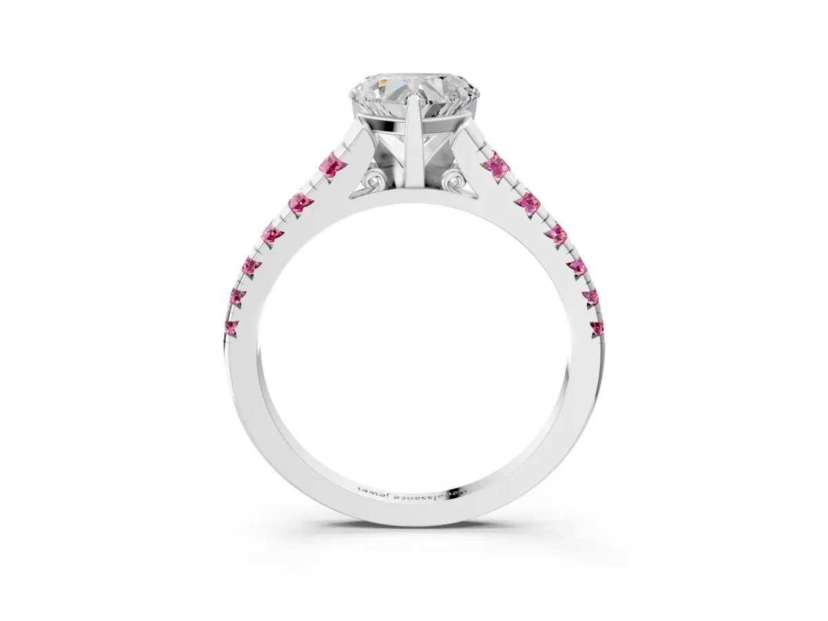 Heart Cut Diamond Cathedral Solitaire Ring with Round Pink Sapphire Pavé Band Silver