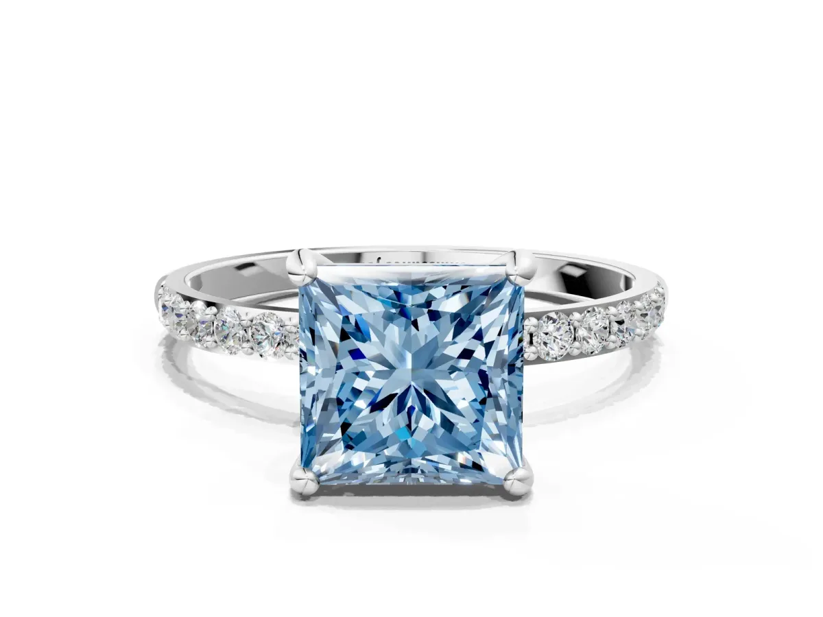Fancy Blue Princess Cut Diamond Solitaire Ring with Round Pavé Band and Prong Setting White gold