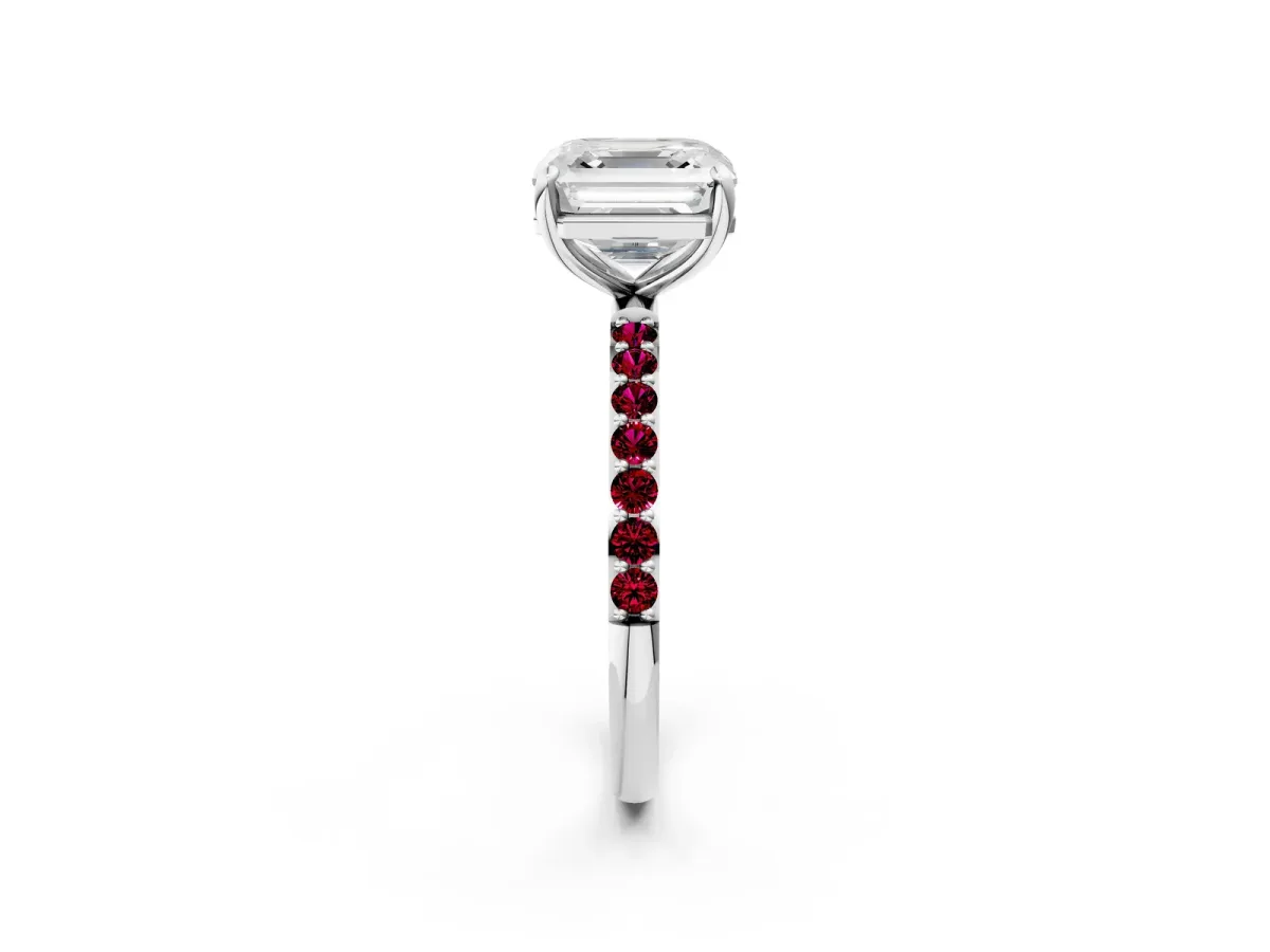 Asscher Cut Diamond Solitaire Ring with Round Garnet Pavé Band and Prong Setting Platinum