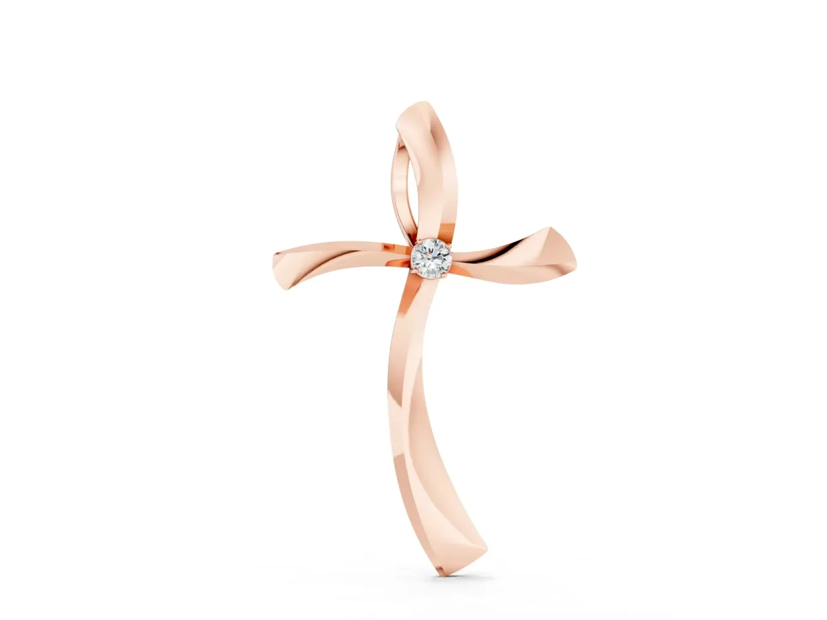 Curved Cross Pendant with Round Diamond in Bezel Setting Rose gold