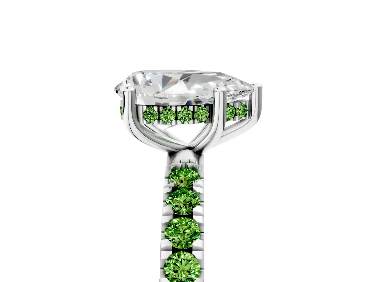 Pear Cut Diamond Pave Band Solitaire Ring with Round Peridot and Prong Setting Platinum