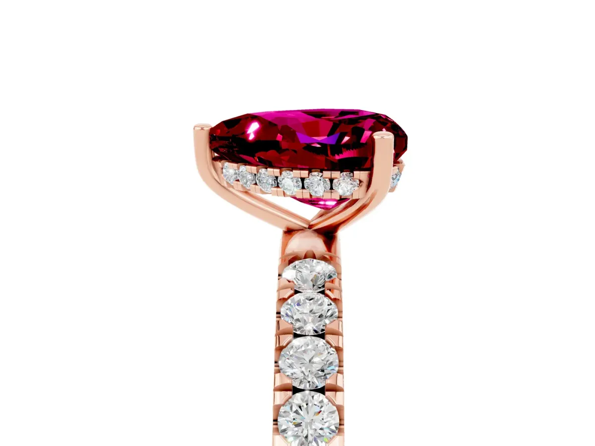 Heart Cut Garnet Pave Band Solitaire Ring with Round and Prong Setting Rose gold