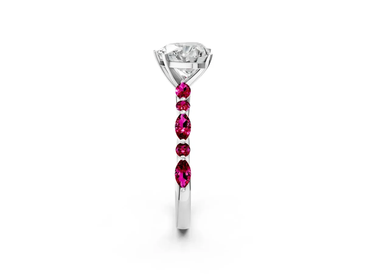 Heart Cut Diamond Ring with Marquise and Round Garnet Side Stones and Four-Prong Setting Silver