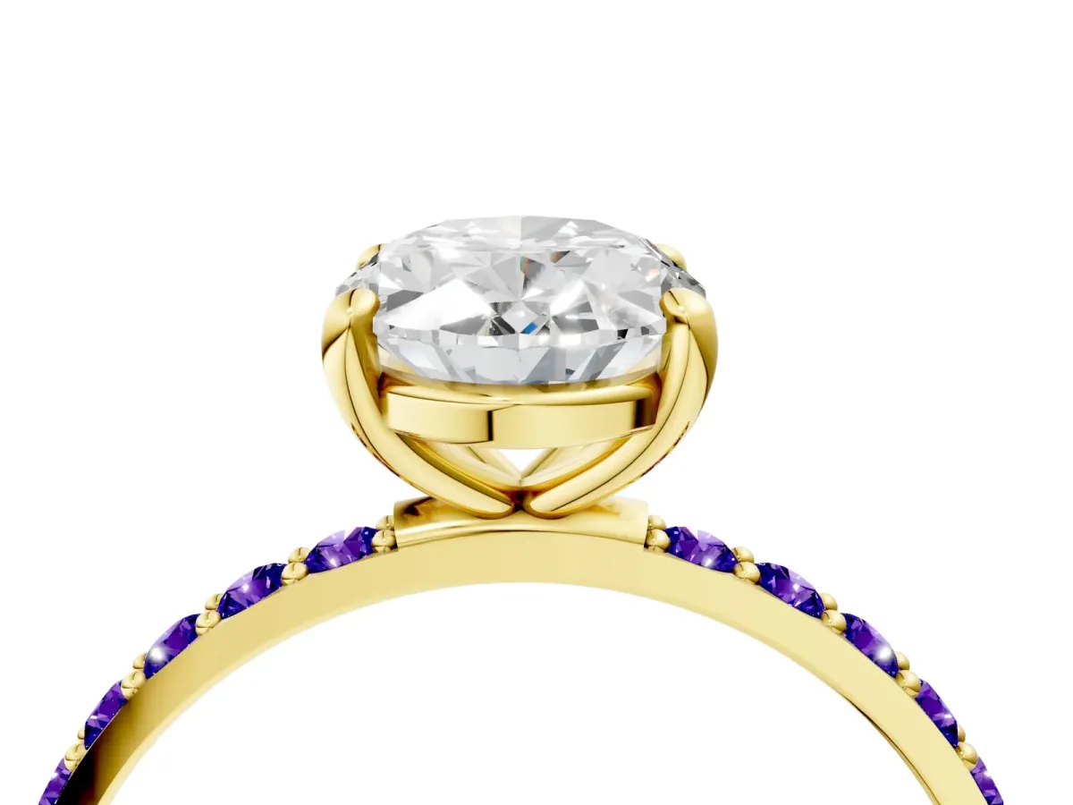 Oval Cut Diamond Solitaire Ring with Round Tanzanite Pavé Band and Prong Setting Yellow gold
