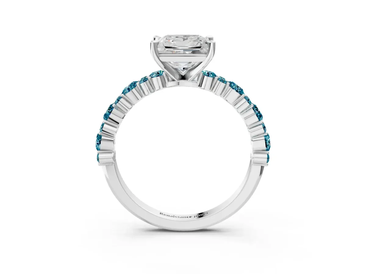 Princess Cut Diamond Side Stone Solitaire Ring with Round Blue Topaz and Four-Prong Setting Silver