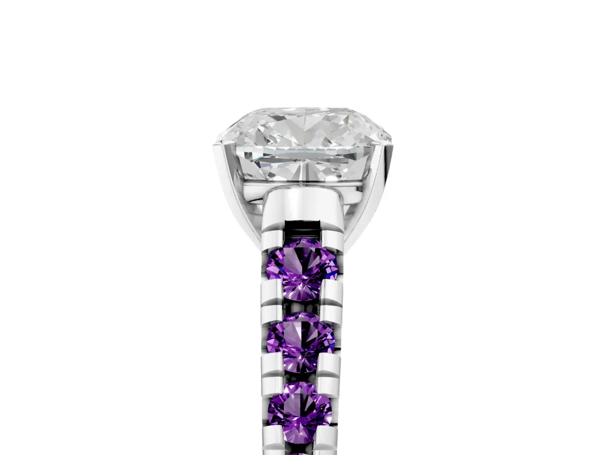 Cushion Cut Diamond Cathedral Solitaire Ring with Round Amethyst Pavé Band Silver