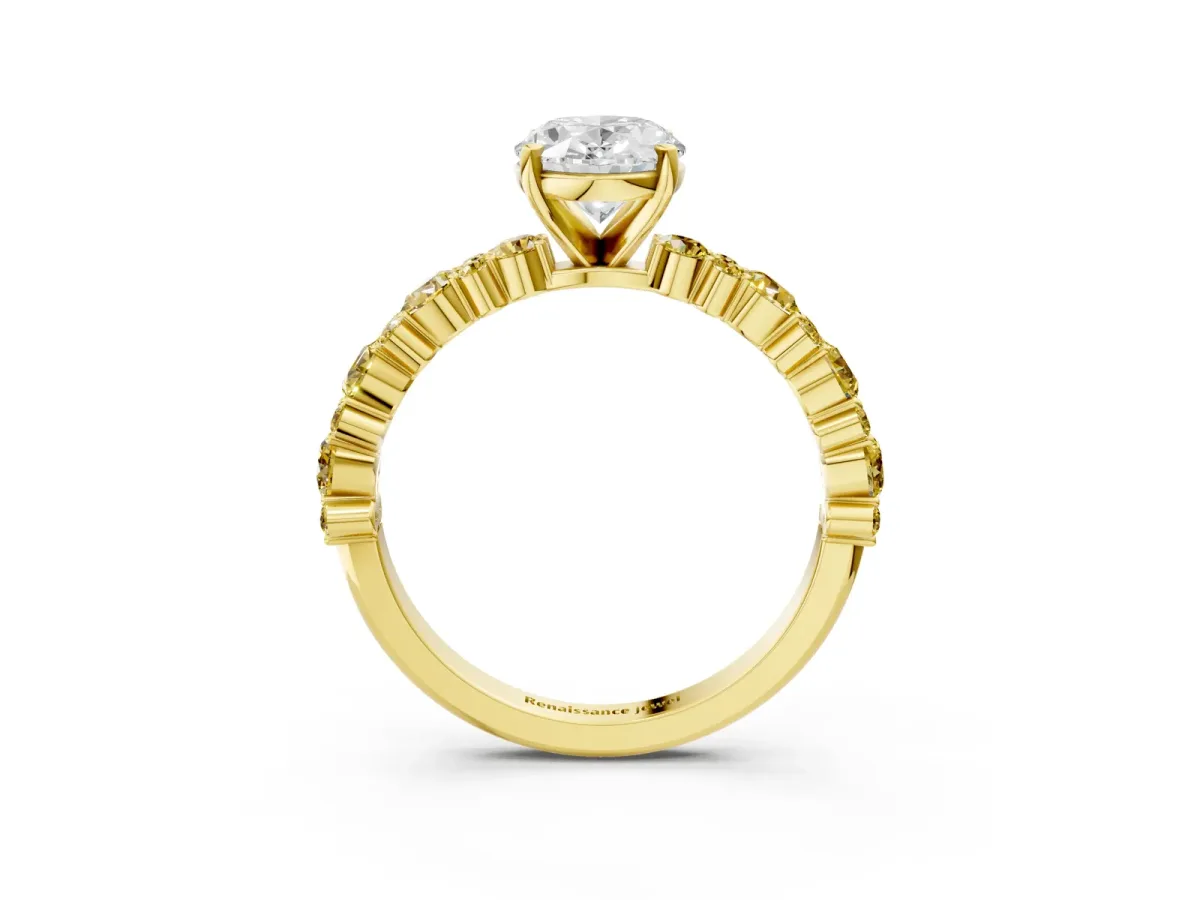 Oval Cut Diamond Side Stone Solitaire Ring with Round Yellow Sapphire and Four-Prong Setting Yellow gold