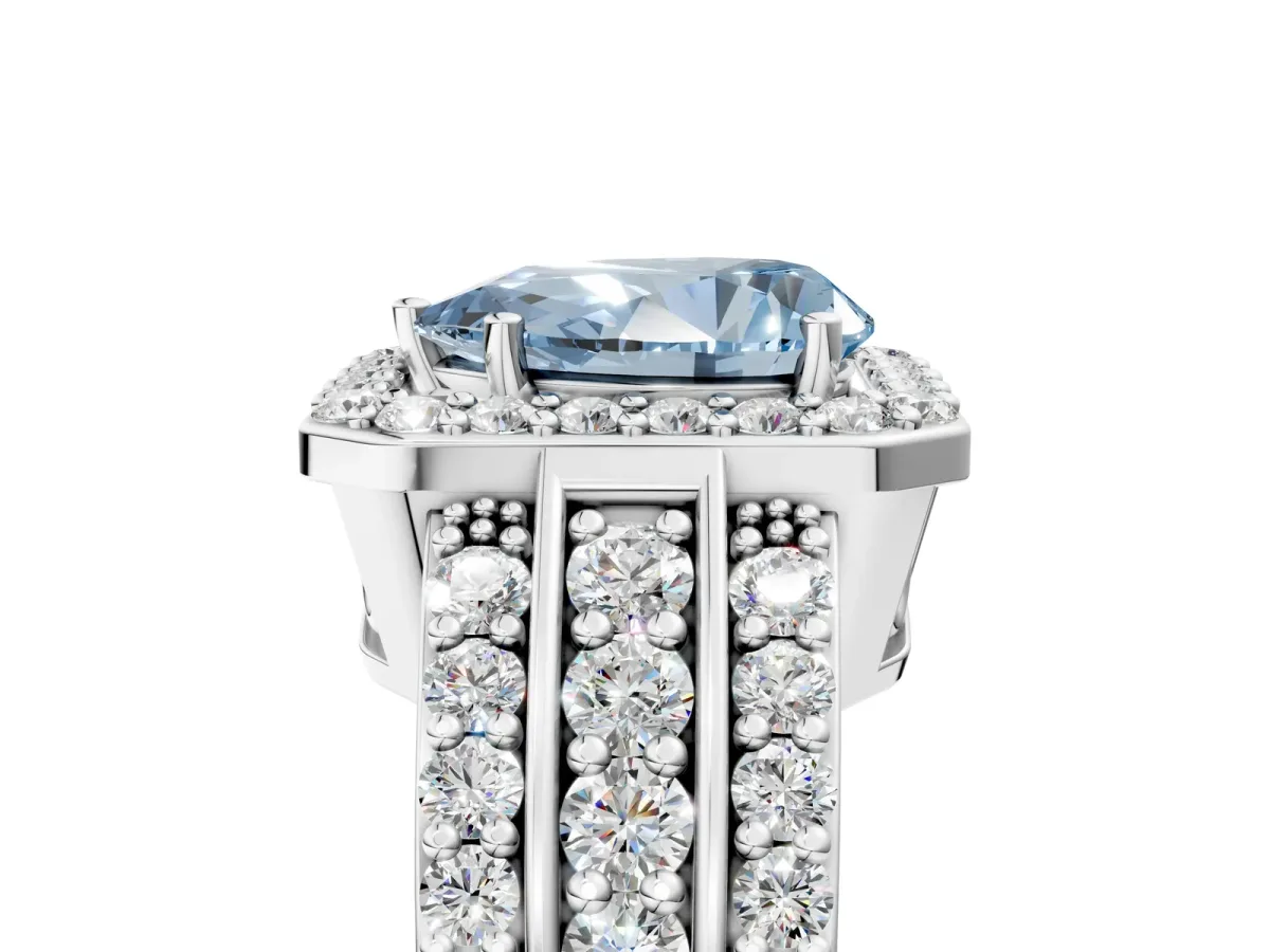 Fancy Blue Pear Cut Halo Diamond Ring with Round Split Shank and Prong Setting White gold
