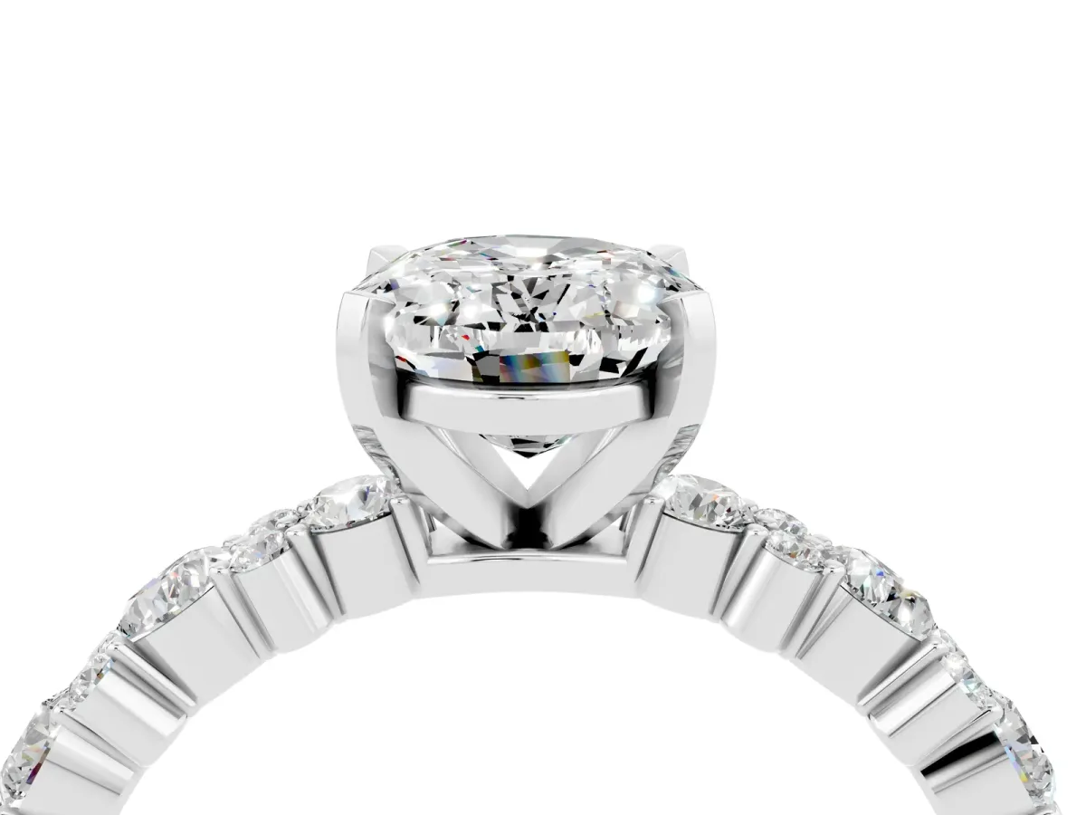 Oval Cut Moissanite Side Stone Solitaire Ring with Round and Four-Prong Setting White gold