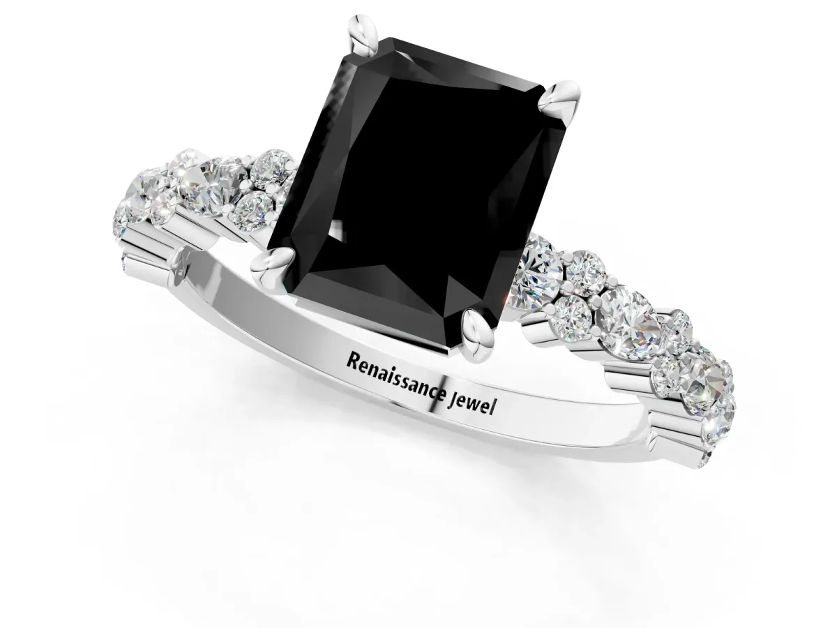 Fancy Black Radiant Cut Diamond Side Stone Solitaire Ring with Round and Four-Prong Setting Platinum