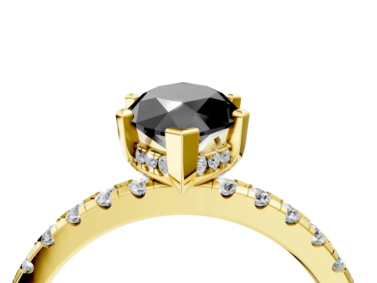 Fancy Black Marquise Cut Diamond Solitaire Ring with Round Pavé Band and Four-Prong Setting Yellow gold