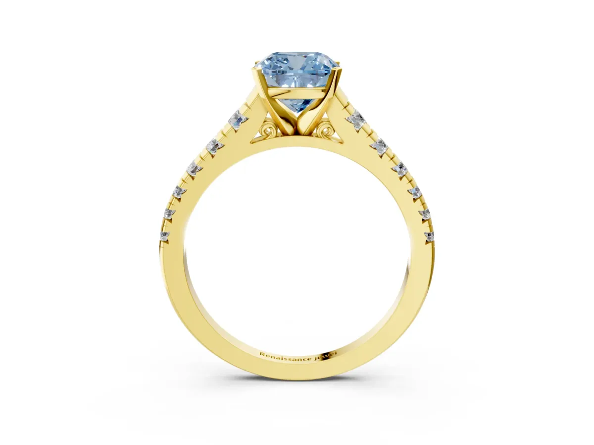 Fancy Blue Cushion Cut Diamond Cathedral Solitaire Ring with Round Pavé Band Yellow gold