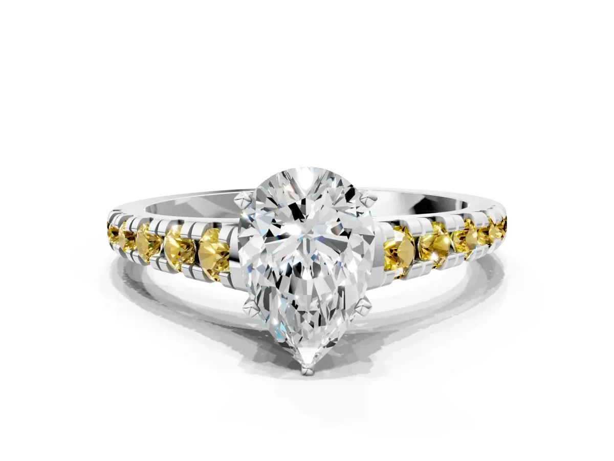 Pear Cut Diamond Cathedral Solitaire Ring with Round Yellow Sapphire Pavé Band Silver