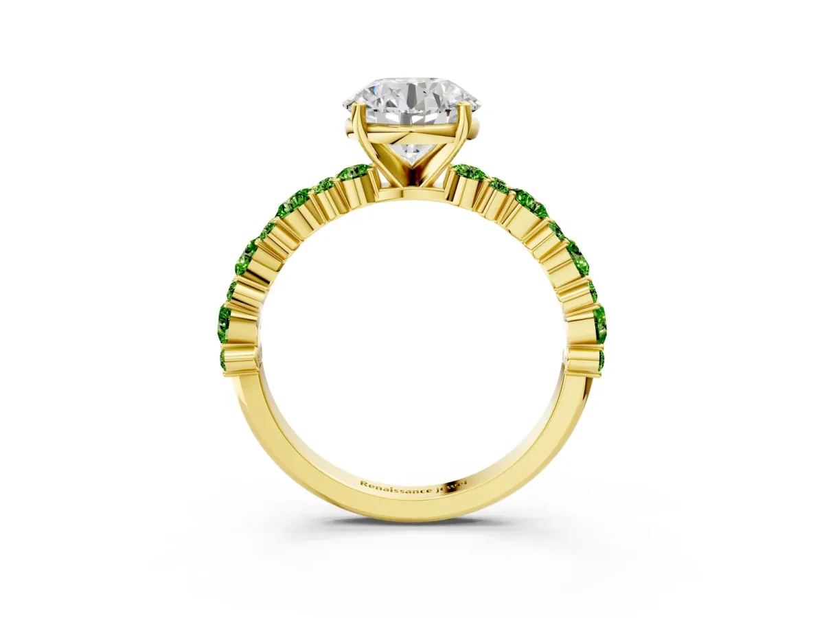 Round Cut Diamond Side Stone Solitaire Ring with Round Peridot and Four-Prong Setting Yellow gold