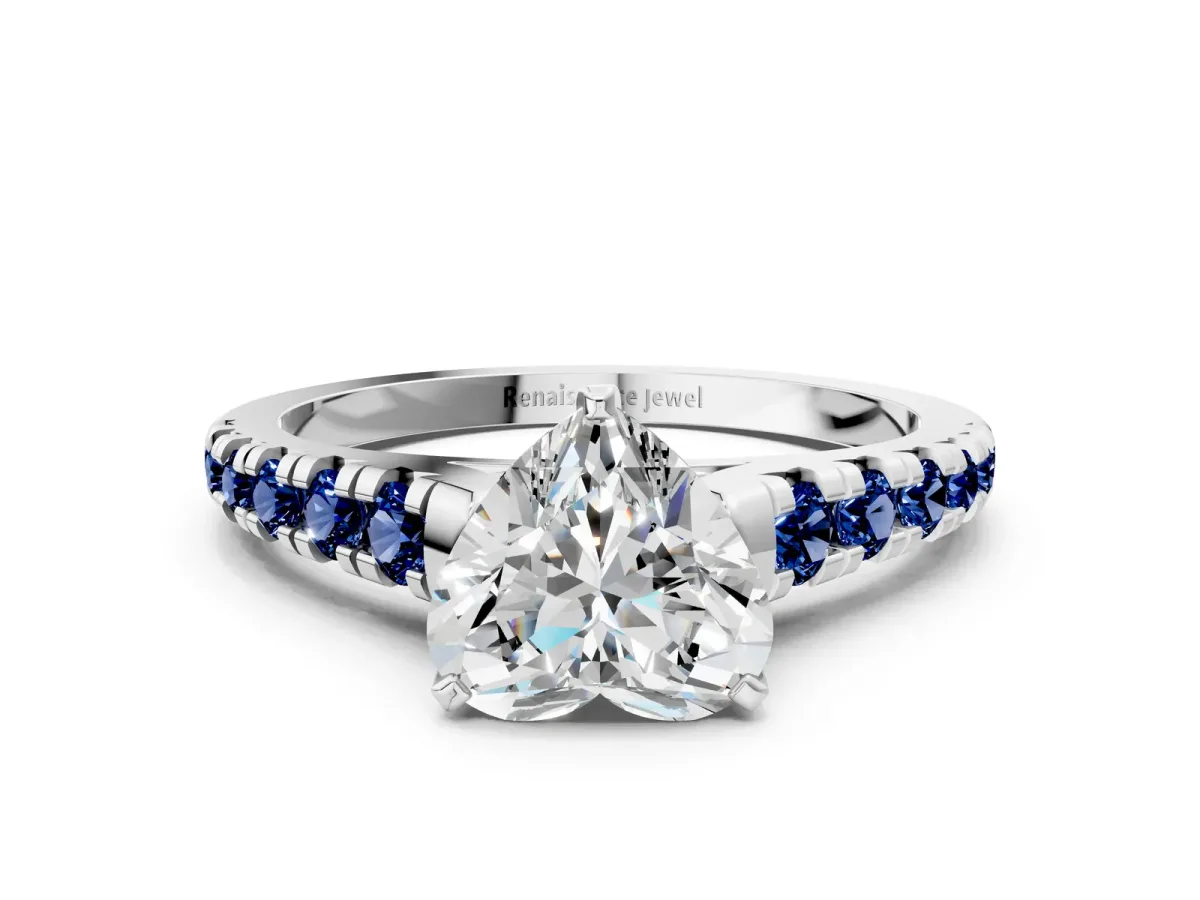 Heart Cut Diamond Cathedral Solitaire Ring with Round Blue Sapphire Pavé Band Platinum