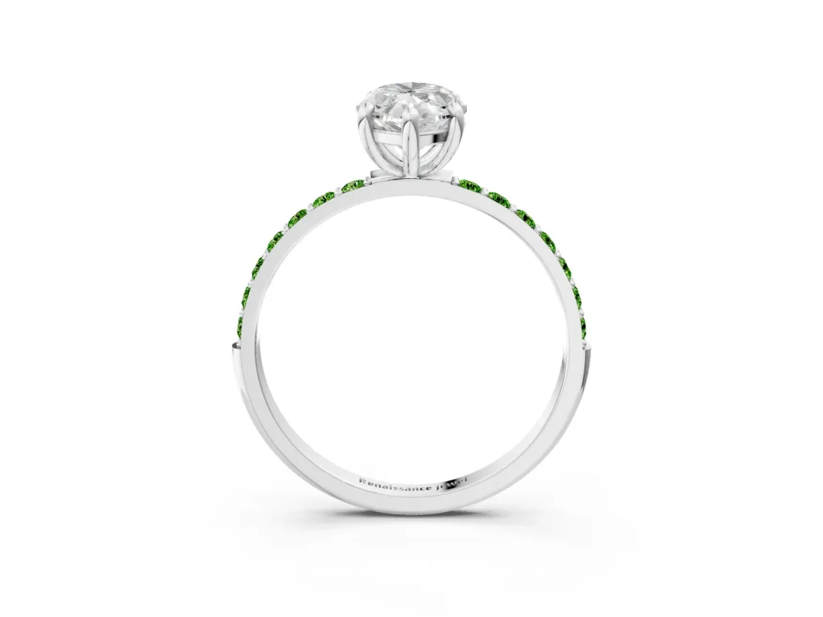 Marquise Cut Diamond Solitaire Ring with Round Peridot Pavé Band and Prong Setting White gold