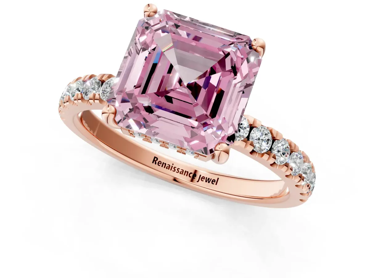Fancy Pink Asscher Cut Diamond Pave Band Solitaire Ring with Round and Prong Setting Rose gold