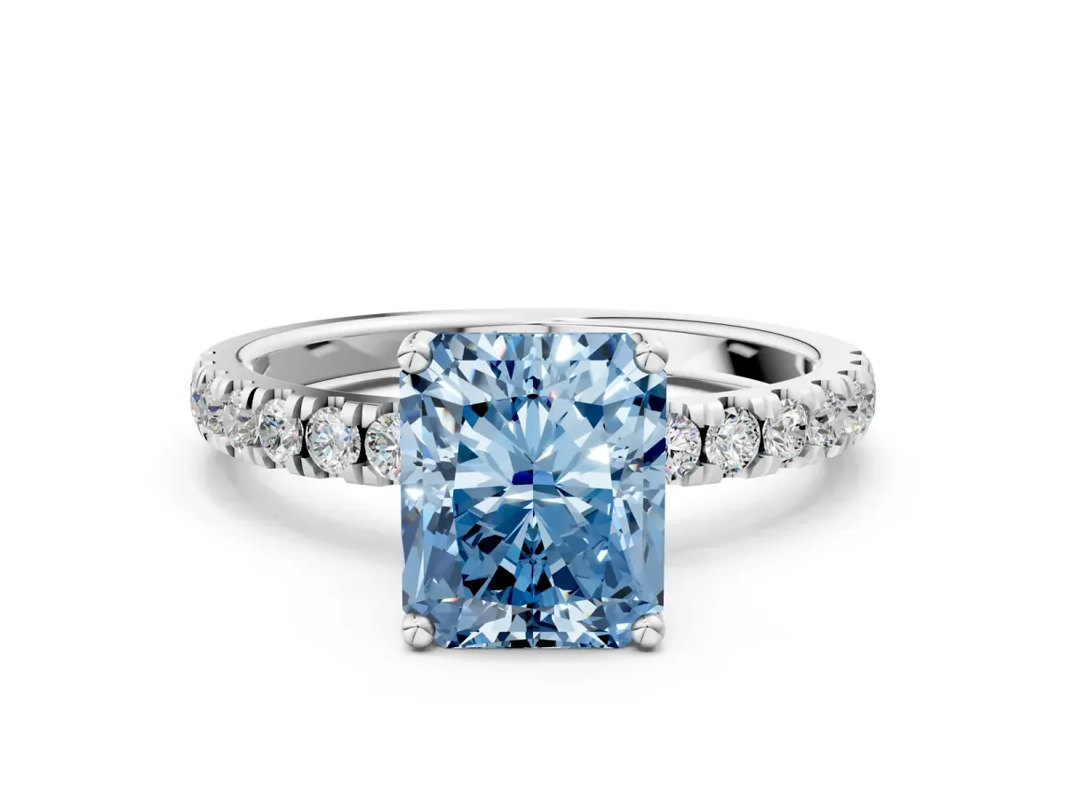 Fancy Blue Radiant Cut Diamond Pave Band Solitaire Ring with Round and Prong Setting Silver