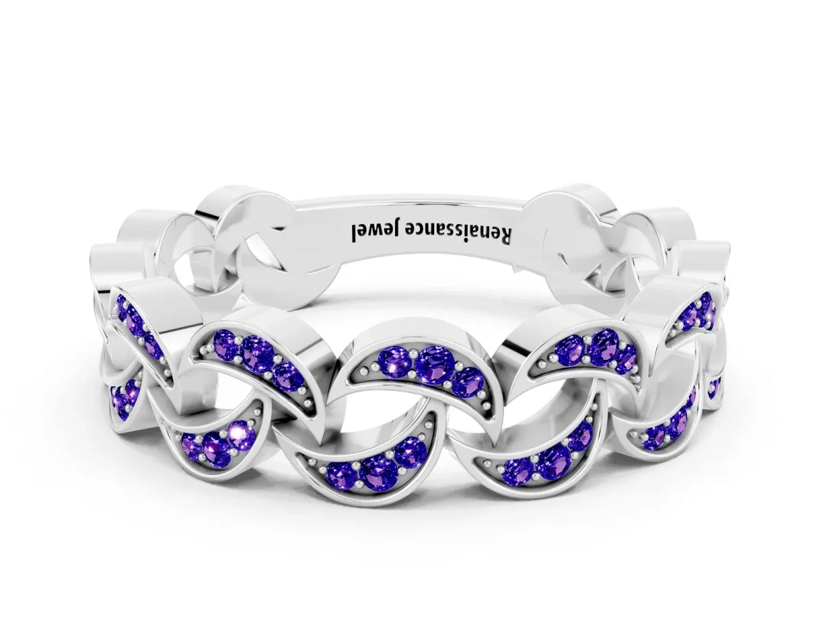 Pavé Round Tanzanite Interlocking Eternity Band with Bezel Prong Setting Silver