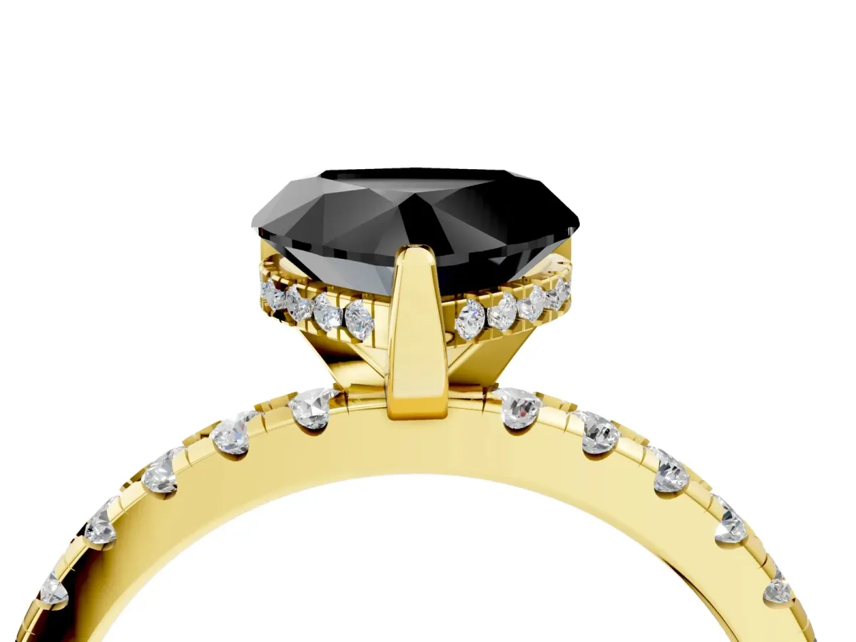 Fancy Black Heart Cut Diamond Solitaire Ring with Round Pavé Band and Four-Prong Setting Yellow gold