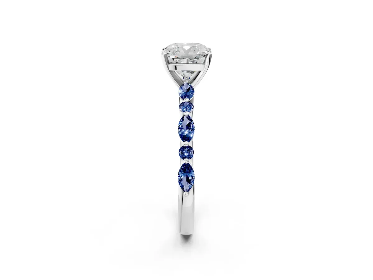 Cushion Cut Diamond Ring with Marquise and Round Blue Sapphire Side Stones and Four-Prong Setting Silver