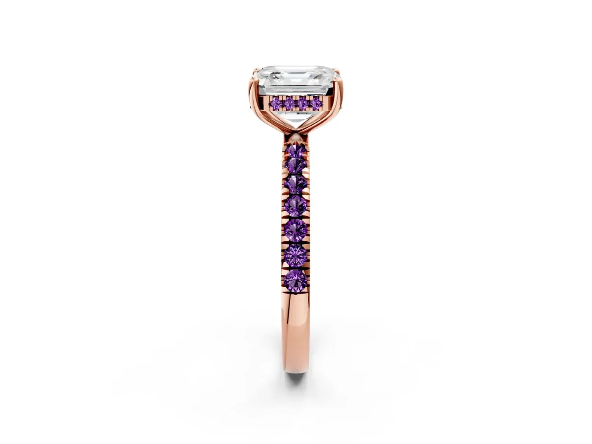 Asscher Cut Diamond Pave Band Solitaire Ring with Round Amethyst and Prong Setting Rose gold