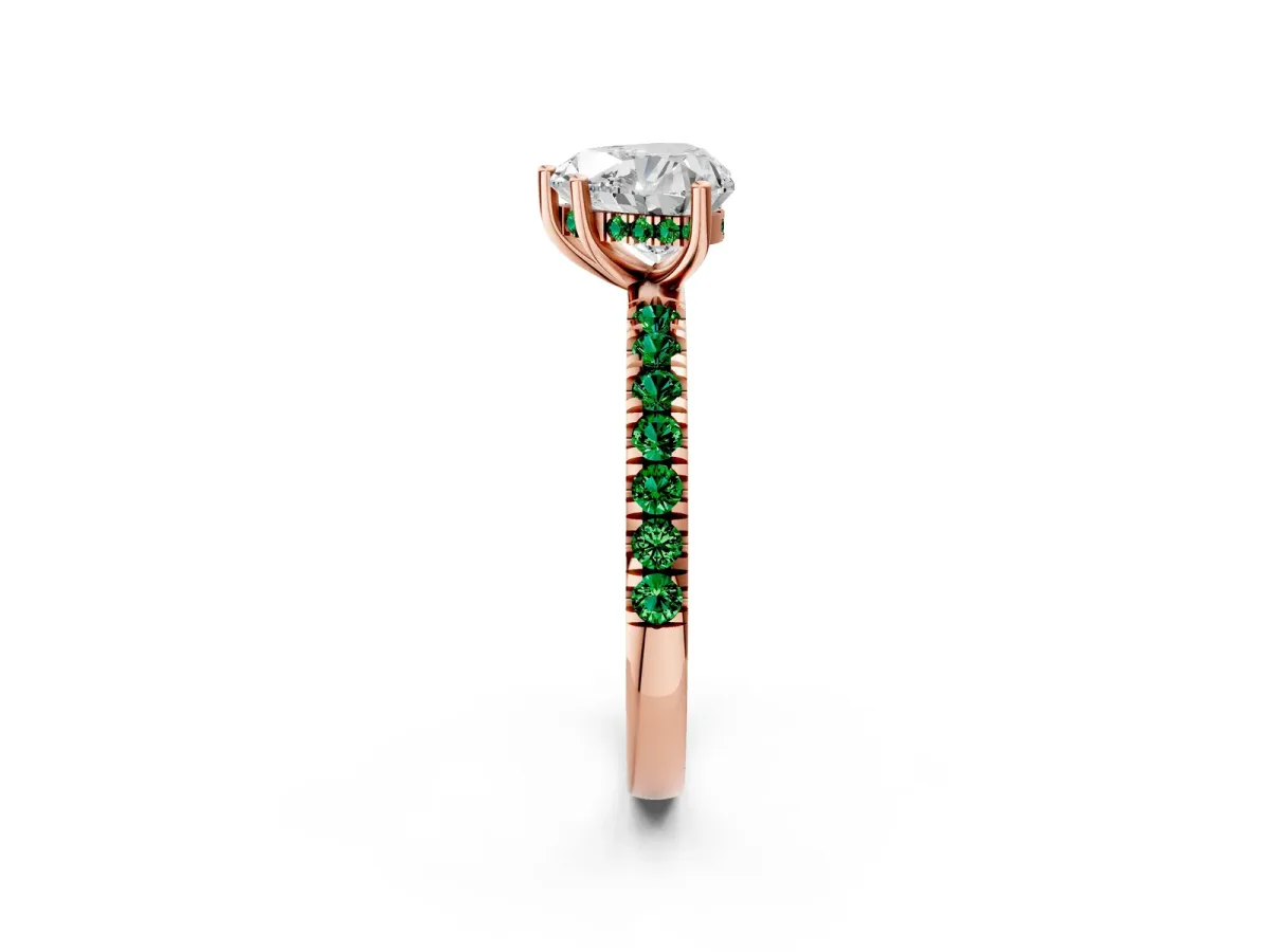 Heart Cut Diamond Pave Band Solitaire Ring with Round Emerald and Prong Setting Rose gold