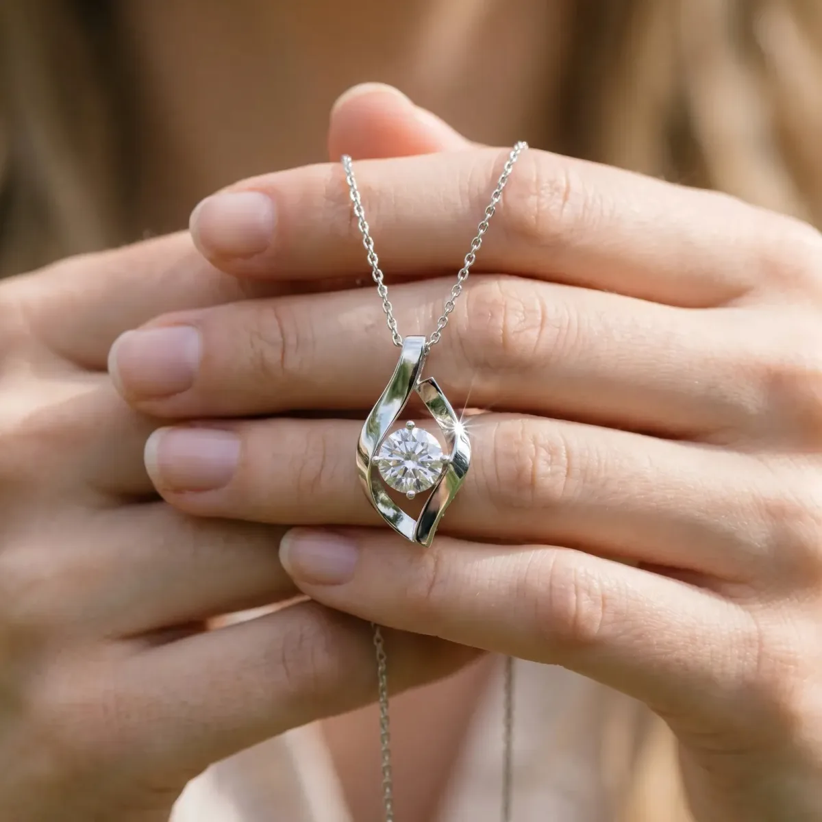 Round Diamond Bezel-Set Leaf Pendant White gold