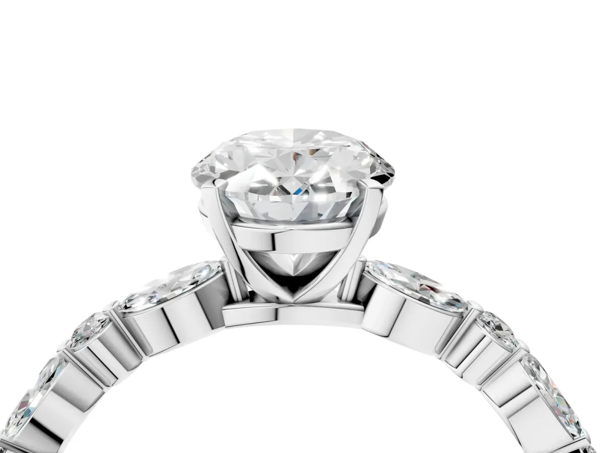 Oval Cut Diamond Ring with Marquise and Round Moissanite Side Stones and Four-Prong Setting Silver