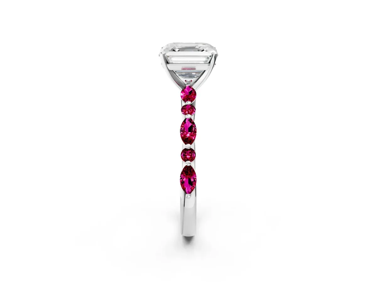 Asscher Cut Diamond Ring with Marquise and Round Garnet Side Stones and Four-Prong Setting Platinum